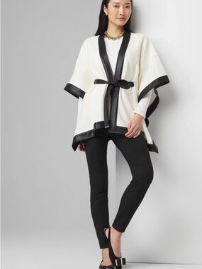 White House Black Market Cream Poncho with Black Trim and Tie